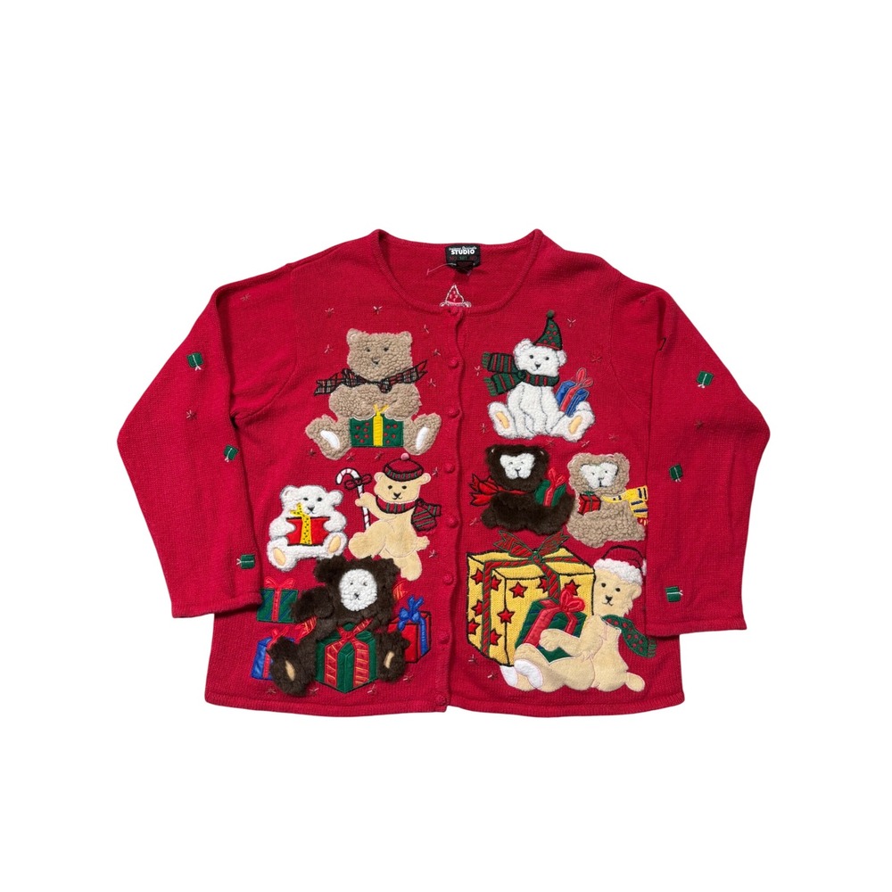 Vintage 90s Christmas Teddy Bear Cardigan Sweater Red 1X
